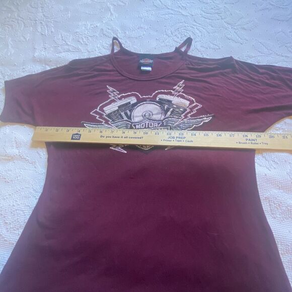 Harley Davidson Women's Burgundy T Shirt Sz Small Studded Decorations Straps J - Picture 8 of 9